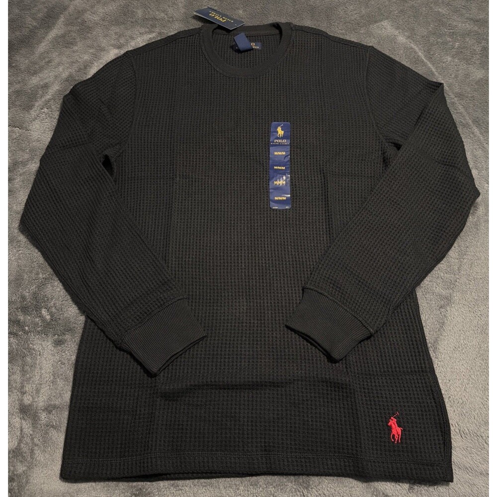 Medium Mens Polo Ralph Lauren Thermal Waffle Knit Long Sleeve Shirt BLACK